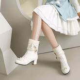 Bow Fleece Panel Chunky Heel Short Boots