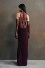 Evelyn Plunging Cowl Lace Bodice Maxi Dress