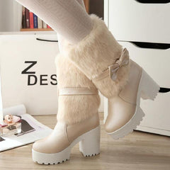 Kawaii Sweet Bowknot Cute Warm High-heeled Snow Fur Boots