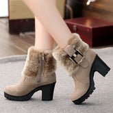 Red Wine/Black/Khaki Buckle Warm Fur Black Platform Snow Square Heel Boots BE567