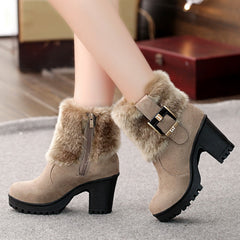 Red Wine/Black/Khaki Buckle Warm Fur Black Platform Snow Square Heel Boots BE567