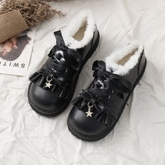 Brown/Black/White Japanese Sweet Ruffled Star Plus Velvet Winter Warm Kawaii Shoes