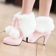Black/White/Pink Sweet Fluffy Heel Boots