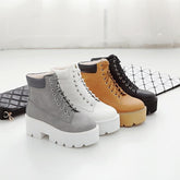 Black/Brown/White/Gray Square Heels Lace-up Platform Boots