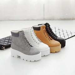 Black/Brown/White/Gray Square Heels Lace-up Platform Boots