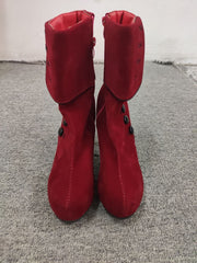 Red/Black Button Velvet High Heels Boots