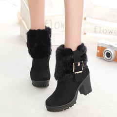 Red Wine/Black/Khaki Buckle Warm Fur Black Platform Snow Square Heel Boots BE567