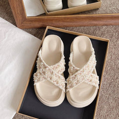 Platform Cross Strap Tweed Faux Pearl Accent Sandals