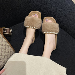 Fluffy Faux Pearl Slide Sandals