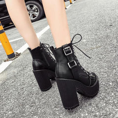 Gothic Punk Double Buckle Lace Up Platform Boots
