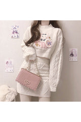 Fall 2 Set Cute Rabbit Embroidery Kintted Sweater & Skirt