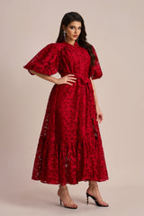 Emma Embroidered Lace Belted Midi Dress