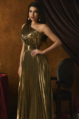 Lillian Metallic One Shoulder Pleated Maxi Dress