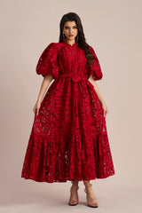 Emma Embroidered Lace Belted Midi Dress