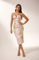 Karen Floral Printed Strapless Midi Dress-Sunfere