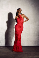 Trista 3D Floral Halter Neck Maxi Dress