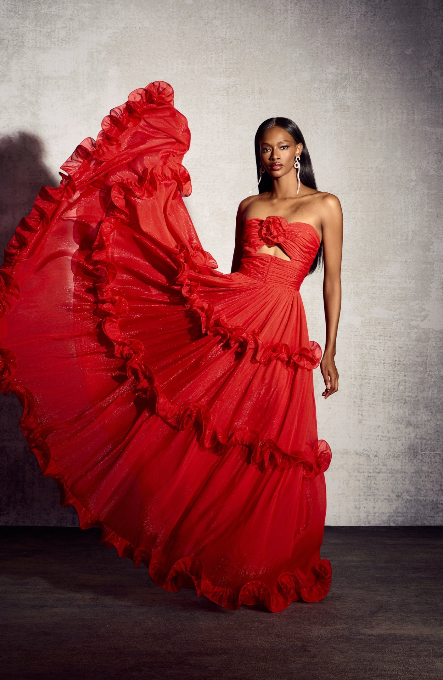 Erica Pleated Ruffle Matallic Chiffon Maxi Dress