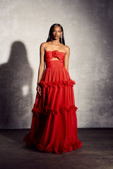 Erica Pleated Ruffle Matallic Chiffon Maxi Dress