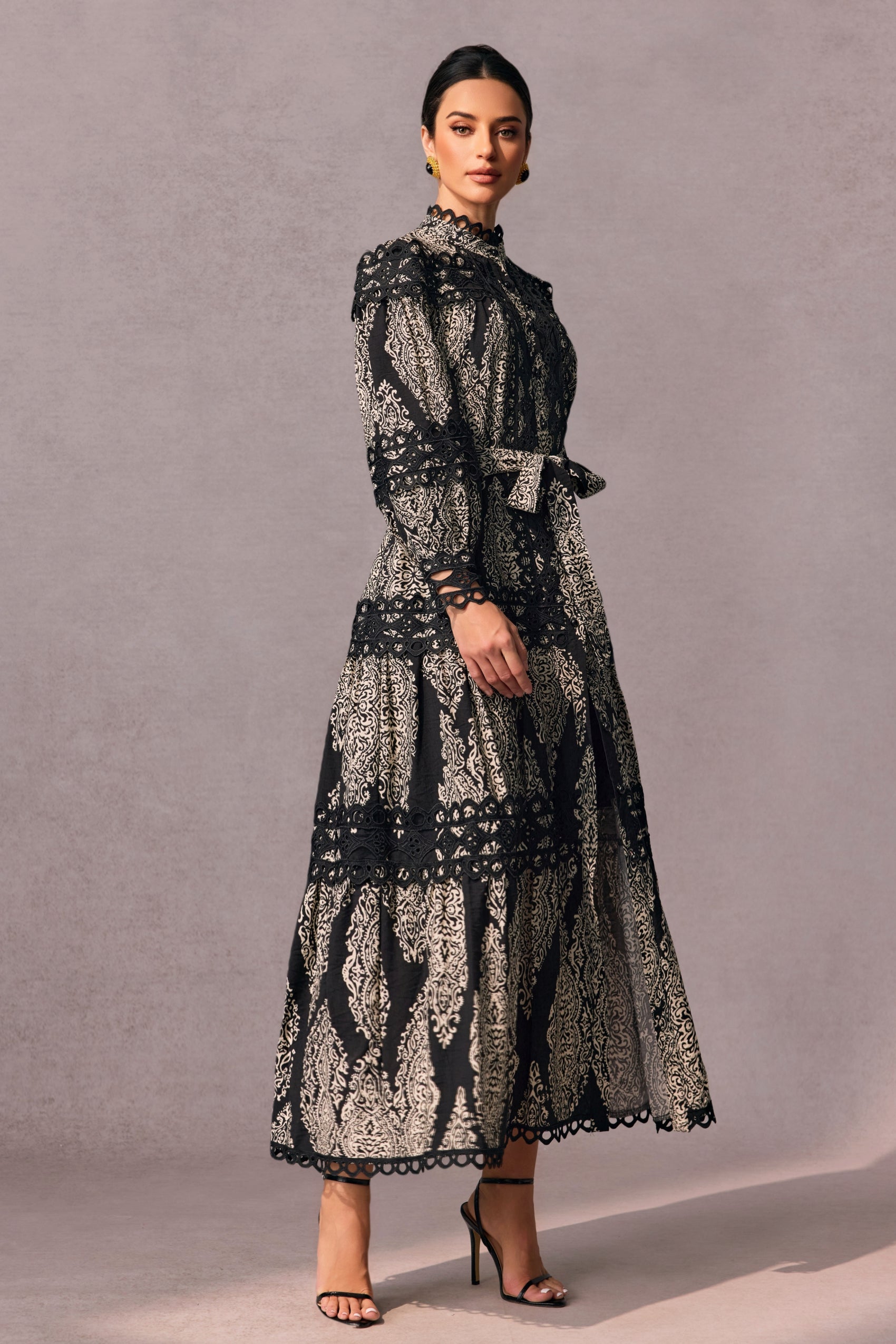 Ophelia Printed Lace Trim Maxi Dress