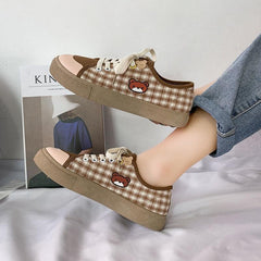 Kawaii Brown Flat Cute Bear plaid Shoes