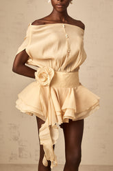 Marina Off Shoulder Floral Applique Dress & Shorts Set