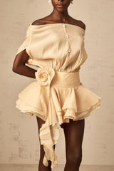 Marina Off Shoulder Floral Applique Dress & Shorts Set