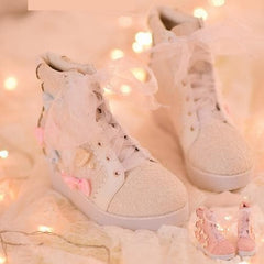 White/Pink Winter Candy Bowknot Lace Elevator shoes High-top Sneakers