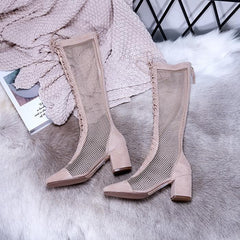 Black/Beige/Silver Laced Net High Boots