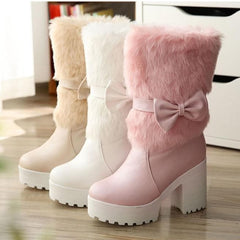 White/Beige/Pink Sweet Fluffy High Heel Boots