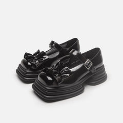 Y2K Goth Black/White Bow Thick Platform Leather Special Heel Mary Jane Shoes BE486