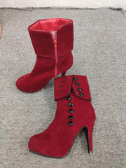 Red/Black Button Velvet High Heels Boots