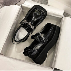 Y2K Black Punk Heart Platform Square Toe High Heels Shoes BE487