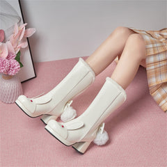 Black/Pink/White Cute Rabbit Ears Sweet Snowball Mid Calf Platform Boots