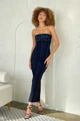 Arlene Strapless Back Slit Denim Maxi Dress