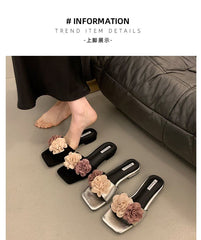 Flower Accent Chunky Heel Slide Sandals