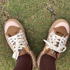 Kawaii Brown Flat Cute Bear plaid Shoes
