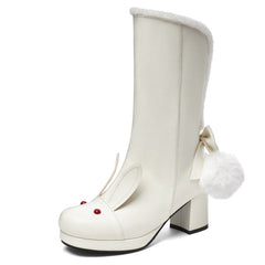 Black/Pink/White Cute Rabbit Ears Sweet Snowball Mid Calf Platform Boots