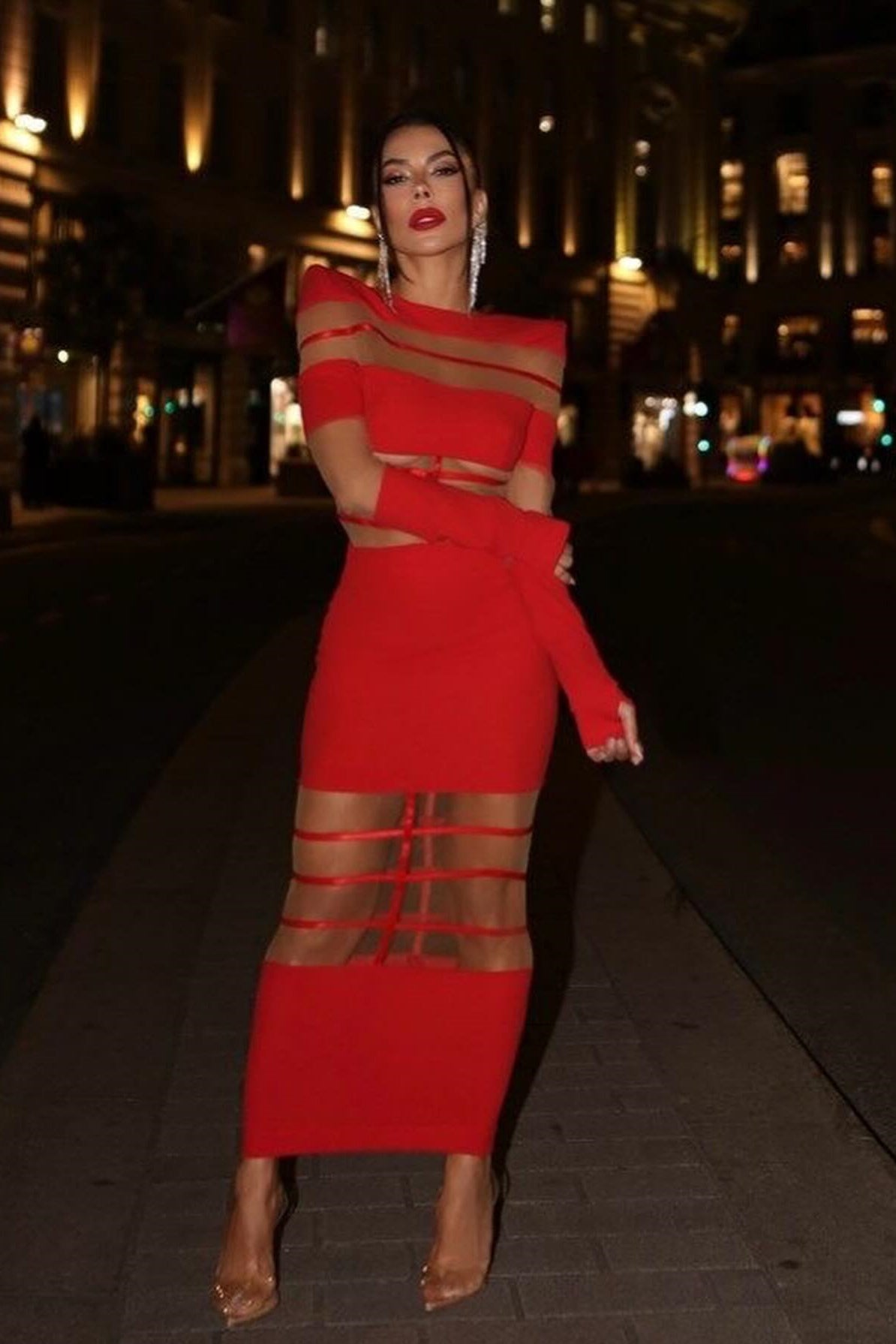 Kelly Long Sleeve Sheer Spliced Midi Dress