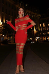 Kelly Long Sleeve Sheer Spliced Midi Dress