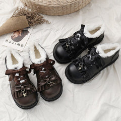 Brown/Black/White Japanese Sweet Ruffled Star Plus Velvet Winter Warm Kawaii Shoes