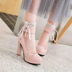 Pink/White/Black Sweet Lace Flower Lolita High Heel Shoes