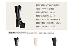 Square Toe Platform Lace Up Block Heel Knee High Boots