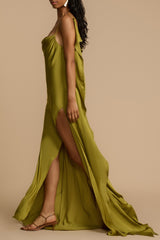 Paula Backless Ruffle Detail Satin Maxi Dress