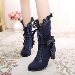 5 Colors Big Size Sweet Bowknot Ruffle Calf Mid Heels Boots