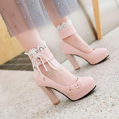 Pink/White/Black Sweet Lace Flower Lolita High Heel Shoes