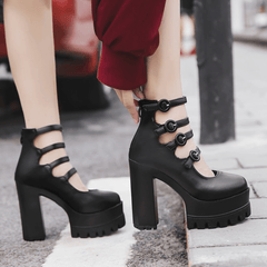 Gothic Black 4 Buckle Strap Platform High-Heels Shoes