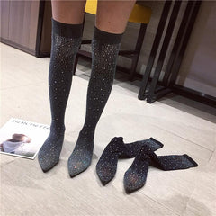 Black/Grey Bling Rhinestone Long Socks Boots
