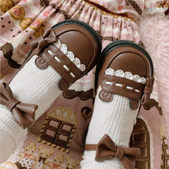 Brown/Black/White Japanese cute bear Sweet Lolita Bowknot Shoes BE522