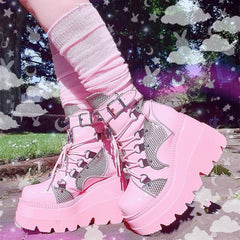 Black/White/Pink Goth Lace Up Buckle Strap Metal Platform Boots