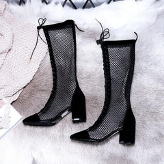 Black/Beige/Silver Laced Net High Boots